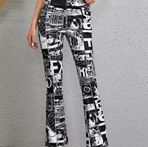 NWOT graffiti print black and white bootcut trousers XXL
